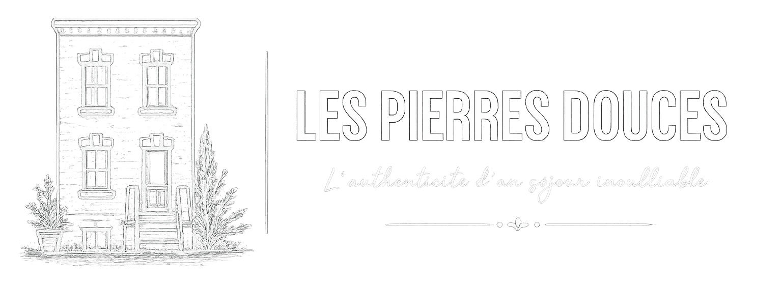 Dessin épuré d’une maison typique de la Charente à Angoulême, avec des plantes, le logo « LES PIERRES DOUCES » et le slogan « gîte de charme ».