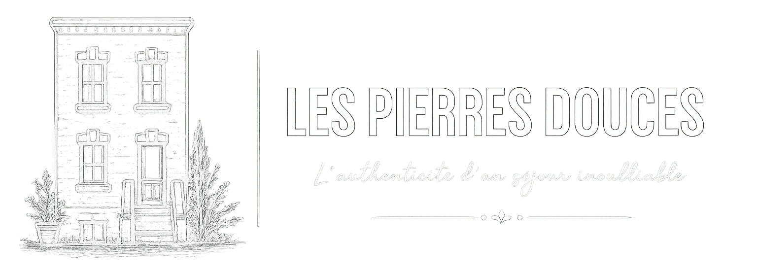 Dessin épuré d’une maison typique de la Charente à Angoulême, avec des plantes, le logo « LES PIERRES DOUCES » et le slogan « gîte de charme ».