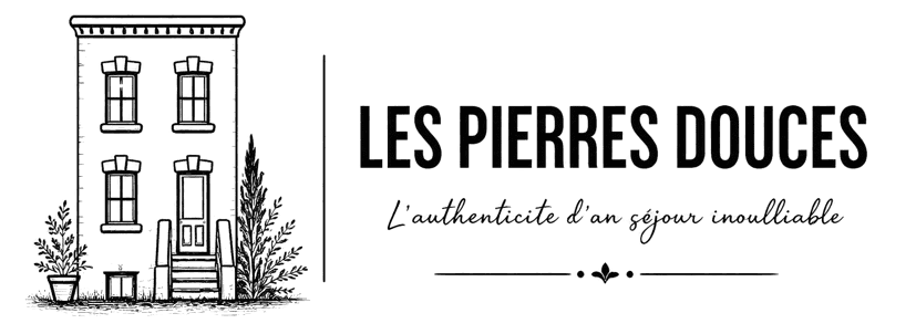 Dessin en noir et blanc d'une maison charentaise à Angoulême, avec des plantes, le texte « LES PIERRES DOUCES » et un salon authentique.