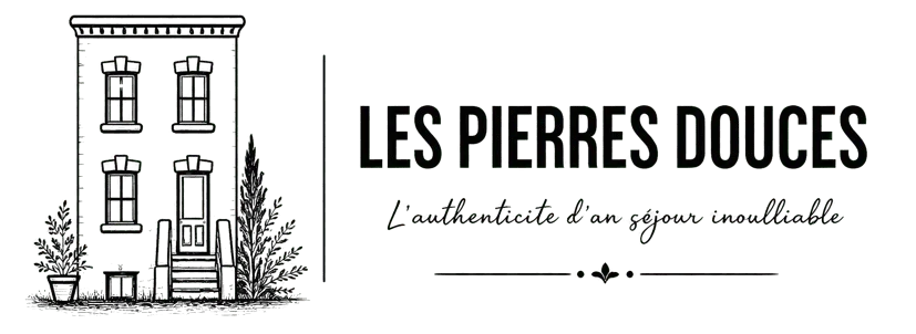 Dessin en noir et blanc d'une maison charentaise à Angoulême, avec des plantes, le texte « LES PIERRES DOUCES » et un salon authentique.