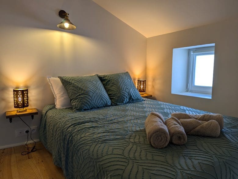 Chambre d’hôtes chaleureuse à Angoulême, lit double, couvre-lit vert au charme charentais, lumière tamisée, vue sur la Charente.
