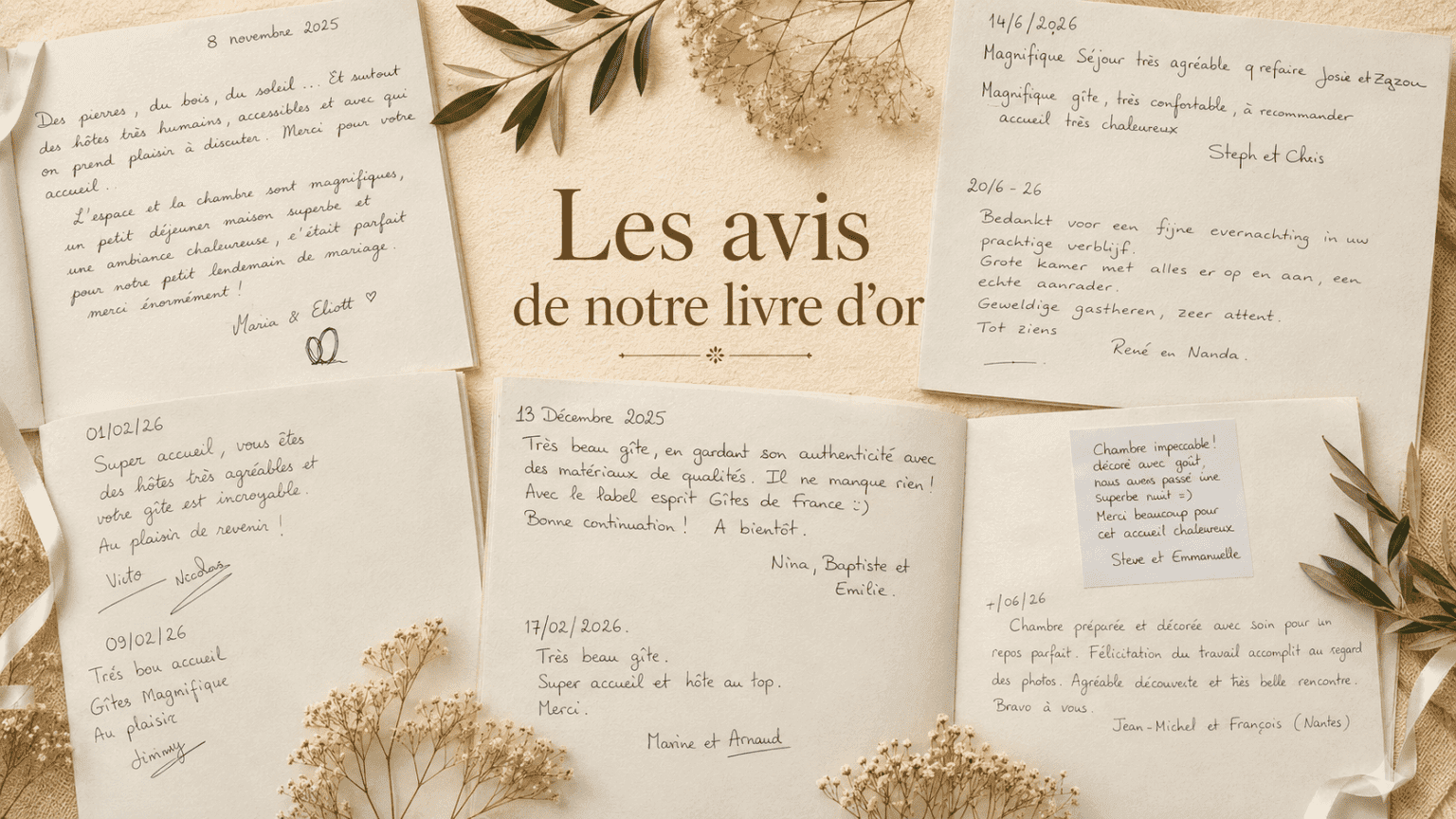 Livre d’or : messages chaleureux de nos hôtes venus à Angoulême, en Charente, entourés de fleurs séchées sur fond beige.