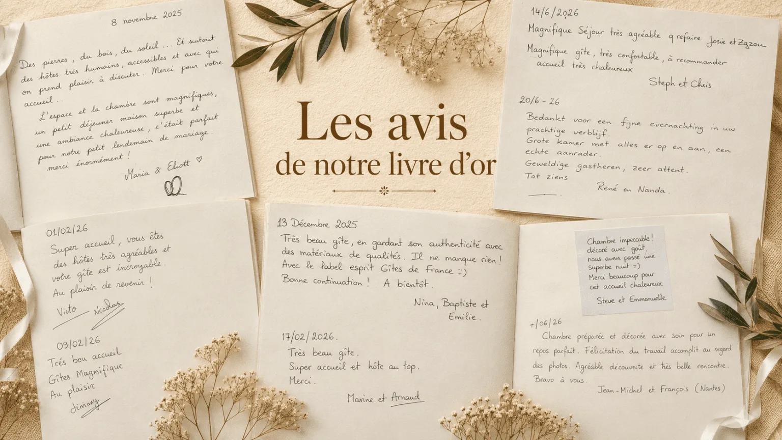 Livre d’or : messages chaleureux de nos hôtes venus à Angoulême, en Charente, entourés de fleurs séchées sur fond beige.