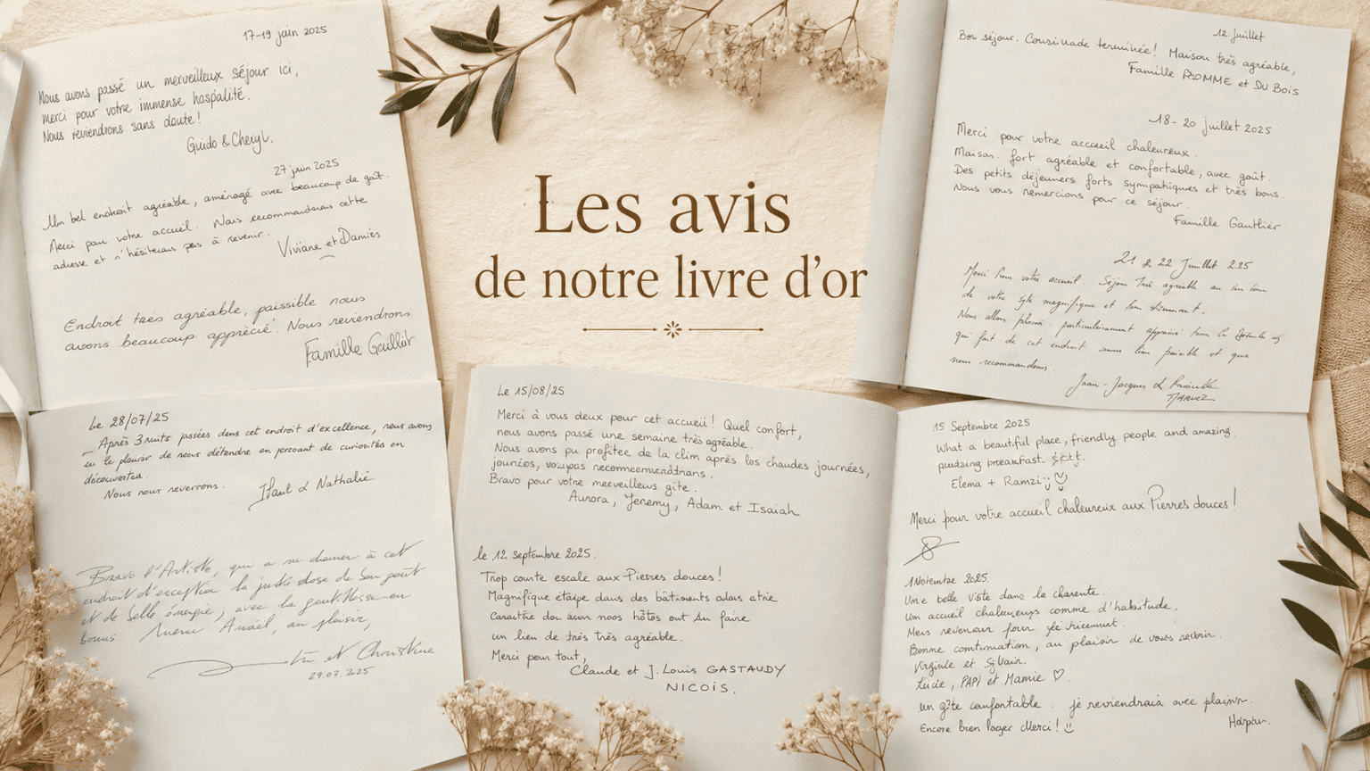 Pages de notre livre d'or, notes manuscrites sur fond beige, décor charentais agrémenté de fleurs séchées, en hommage à Angoulême.