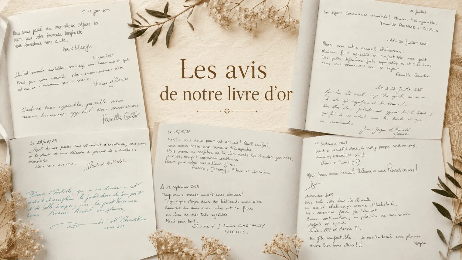 Pages de notre livre d'or, notes manuscrites sur fond beige, décor charentais agrémenté de fleurs séchées, en hommage à Angoulême.
