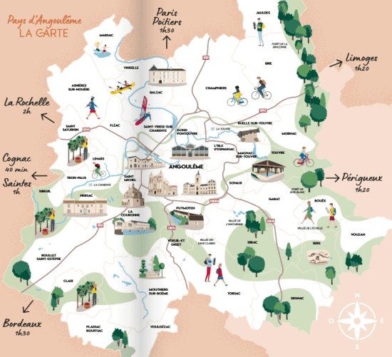 Carte illustrée de la Charente et d'Angoulême : villes, rivières, balades dans la nature, chambres d'hôtes chaleureuses et itinéraires touristiques.