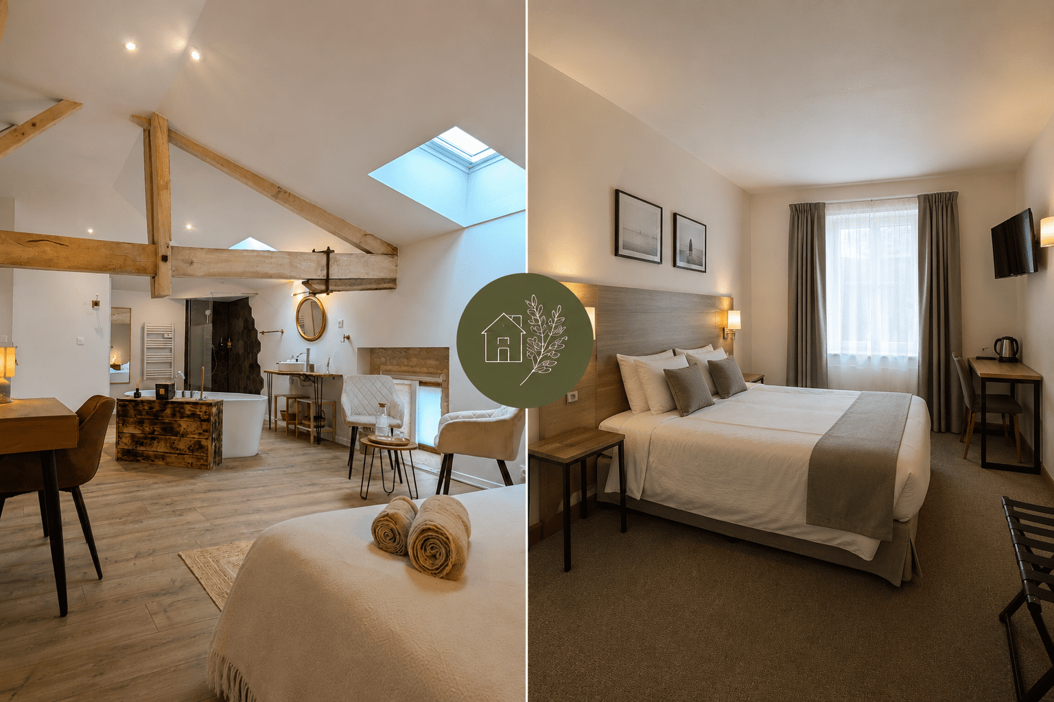 Deux chambres d'hôtes à Angoulême : à gauche, le charme charentais, entre bois et lumière ; à droite, le confort moderne au cœur de la Charente.