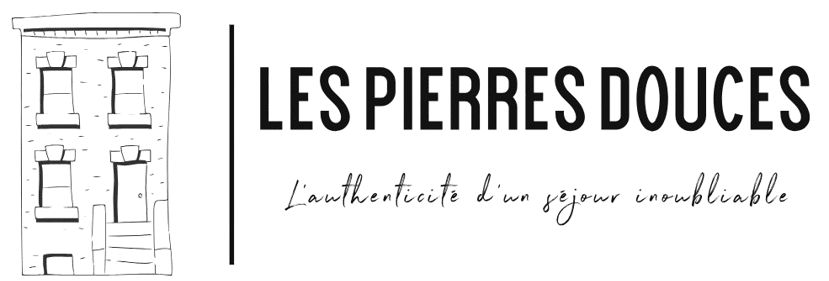 Logo en noir et blanc représentant une maison charentaise de trois étages, « Les Pierres Douces » : un séjour inoubliable à Angoulême, en Charente.