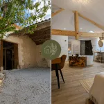 Image en deux parties : à gauche, une authentique maison en pierre typique de la Charente, entourée d’un charmant arbre et d’un chemin de gravier menant à l’entrée, évoquant la tranquillité de la campagne près d’Angoulême ; à droite, une chambre moderne et élégante, dans le style d’une maison d’hôtes, avec des poutres apparentes en bois, une grande verrière et une baignoire indépendante, pour un séjour chaleureux et raffiné au cœur de la Charente.