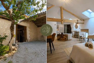 Charmante maison d'hôtes en Charente, près d'Angoulême : façade en pierre, intérieur chaleureux avec poutres apparentes et une élégante baignoire.