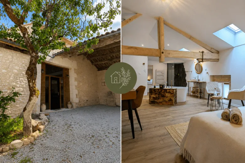 Image en deux parties : à gauche, une authentique maison en pierre typique de la Charente, entourée d’un charmant arbre et d’un chemin de gravier menant à l’entrée, évoquant la tranquillité de la campagne près d’Angoulême ; à droite, une chambre moderne et élégante, dans le style d’une maison d’hôtes, avec des poutres apparentes en bois, une grande verrière et une baignoire indépendante, pour un séjour chaleureux et raffiné au cœur de la Charente.