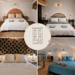 Découvrez un montage mettant en valeur quatre chambres d’hôtes décorées avec élégance et originalité, chacune offrant une ambiance chaleureuse inspirée du charme de la Charente et du raffinement d’Angoulême. Au centre, un plan circulaire de la maison dévoile son agencement convivial, tandis que sur chaque lit sont soigneusement disposées des serviettes moelleuses pour accueillir les visiteurs.