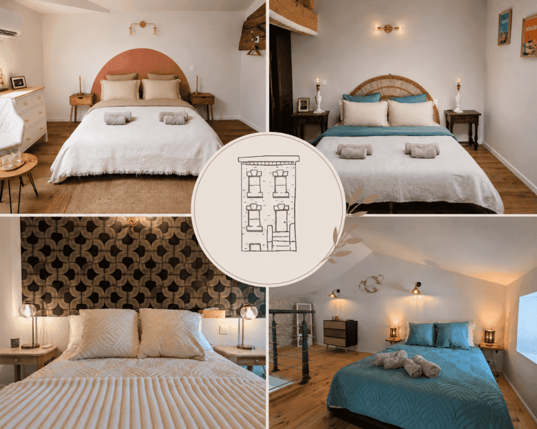 Quatre chambres d’hôtes de charme à Angoulême, en Charente, à la décoration raffinée et aux lits douillets ; au centre, nos noms emblématiques.