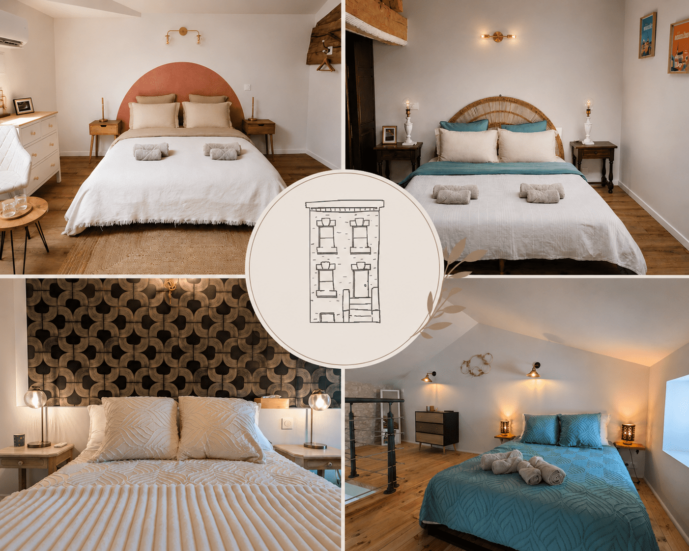 Quatre chambres d’hôtes de charme à Angoulême, en Charente, à la décoration raffinée et aux lits douillets ; au centre, nos noms emblématiques.