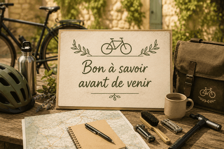 Sur une table en bois rustique typique de la Charente, un charmant panneau orné d’une icône représentant un vélo porte l’inscription « Bon à savoir avant de venir », entouré d’accessoires indispensables à tout cyclotouriste : casque, gourde, sac de voyage, tasse, carte détaillée d’Angoulême et des itinéraires cyclables charentais, carnet pour noter vos souvenirs des étapes à vélo autour de Champniers et d’Angoulême, brosse pratique, outil multifonctions et outils spécifiques pour entretenir votre vélo pendant votre séjour dans un hébergement dédié aux cyclistes. En arrière-plan se dévoilent un beau vélo prêt pour l’aventure et une nature verdoyante évoquant le charme authentique de la Charente. L’ambiance chaleureuse invite les visiteurs à découvrir nos solutions d’accueil pour une étape ou un séjour à vélo près d’Angoulême, en Charente.