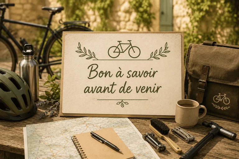 Sur une table chaleureuse, typique d’une maison d’hôtes charentaise, un panneau orné d’un vélo et portant l’inscription en français « Bon à savoir avant de venir » est entouré d’accessoires de cyclisme : un carnet, une carte des environs entre Angoulême et les villages charentais, une tasse et des outils. À l’arrière-plan, un vélo repose près d’un muret en pierre recouvert d’une végétation luxuriante, caractéristique de la campagne angoumoisine.