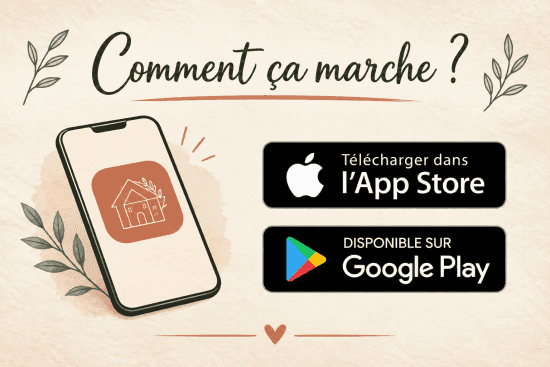 Illustration chaleureuse représentant un téléphone sur lequel apparaît une icône en forme de maison, typique des charmantes chambres d’hôtes de Charente, accompagnée du texte accueillant « Comment ça marche ? » et de boutons permettant de télécharger l’application via l’App Store et Google Play. Des feuillages décoratifs évoquant la nature verdoyante des environs d’Angoulême, un cœur symbolisant l’hospitalité charentaise, ainsi que de subtils clins d’œil aux activités à découvrir près d’Angoulême et dans la région sont harmonieusement intégrés, créant une ambiance conviviale idéale pour les visiteurs en quête d’un séjour authentique en Charente.