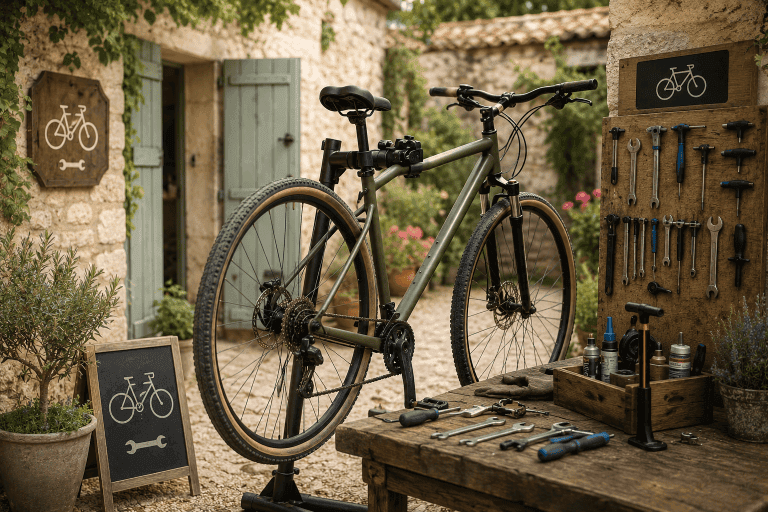 Dans une cour ensoleillée typique de la Charente, un vélo vert repose sur son support d’atelier, entouré d’outils anciens, d’huile et de panneaux consacrés à la réparation — un espace idéal pour les cyclistes à la recherche d’une étape vélo à Angoulême. En arrière-plan, une authentique bâtisse charentaise en pierre, avec ses volets verts et sa végétation luxuriante, incarne tout le charme accueillant d’une maison d’hôtes spécialisée dans l’hébergement des cyclistes à Champniers, au cœur du tourisme vert en Charente et point de départ idéal pour découvrir Angoulême à vélo.