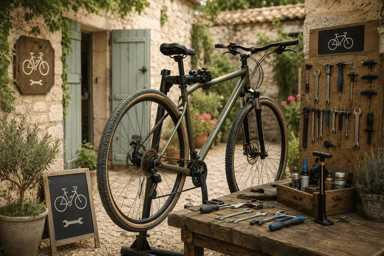 Dans une charmante cour typique de la Charente, à deux pas d’Angoulême, un vélo attend tranquillement d’être réparé dans un atelier en plein air baigné de lumière. Les outils traditionnels de réparation de vélo sont soigneusement disposés parmi des plantes verdoyantes. De jolis panneaux noirs décorés à la craie représentent des vélos et des clés anglaises, ajoutant une touche artistique à l’ensemble. En arrière-plan, on aperçoit d’authentiques bâtisses charentaises en pierre ornées de portes bleues accueillantes, reflétant tout le caractère convivial et chaleureux d’une maison d’hôtes au cœur du sud-ouest.