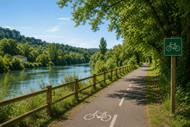 Découvrez une charmante piste cyclable pavée qui serpente le long de la paisible Charente, bordée d’une élégante clôture en bois et d’arbres verdoyants typiques de la région d’Angoulême. Au sol, un symbole représentant un vélo, accompagné d’un panneau dédié aux cyclistes, crée une ambiance idéale pour une étape à vélo à Angoulême ou pour ceux qui recherchent un hébergement convivial et authentique près de Champniers. Profitez du cadre naturel exceptionnel et du charme unique de la Charente lors de votre séjour à vélo.