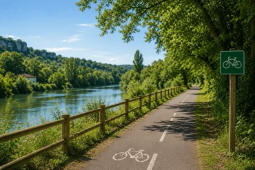 Découvrez une charmante piste cyclable aménagée le long d’une rivière paisible de Charente, entourée d’une végétation luxuriante et d’arbres ombragés. Sur la gauche, une jolie barrière en bois bordant le chemin ajoute à l’atmosphère accueillante typique d’Angoulême et de ses environs. Un discret symbole de vélo orne le revêtement, garantissant la sécurité des amateurs de balades à vélo. Un élégant panneau vert indique la piste cyclable idéale pour découvrir les paysages bucoliques de la Charente et profiter du confort authentique des chambres d’hôtes locales.