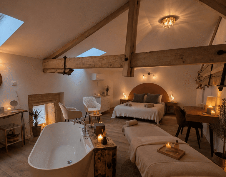 Dans l’ambiance chaleureuse typique d’une maison d’hôtes charentaise, à deux pas d’Angoulême, cette chambre spa vous accueille avec sa baignoire élégante, sa table de massage idéale pour la détente, un lit douillet et des bougies parfumées. Les poutres en bois authentiques et l’éclairage tamisé rappellent le charme des demeures charentaises, créant une atmosphère relaxante et accueillante, parfaite pour un séjour bien-être au cœur d’Angoulême ou pour découvrir la douceur de vivre en Charente.