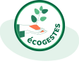 Logo circulaire représentant une main tenant une plante, avec le mot « écogestes » en vert, pour des chambres d'hôtes écologiques à Angoulême et en Charente.